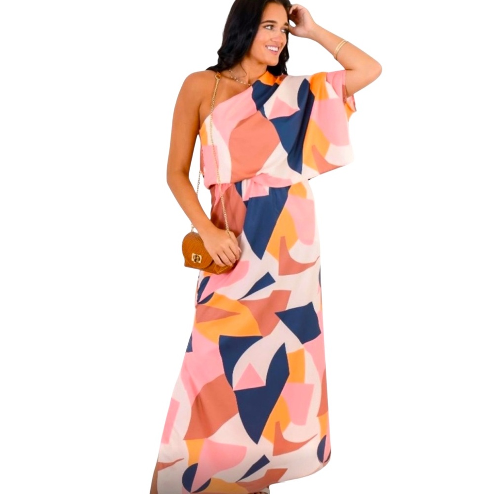 TCEC Dancing Colors Pink Blue Single Shoulder Long Maxi Dress Size Small